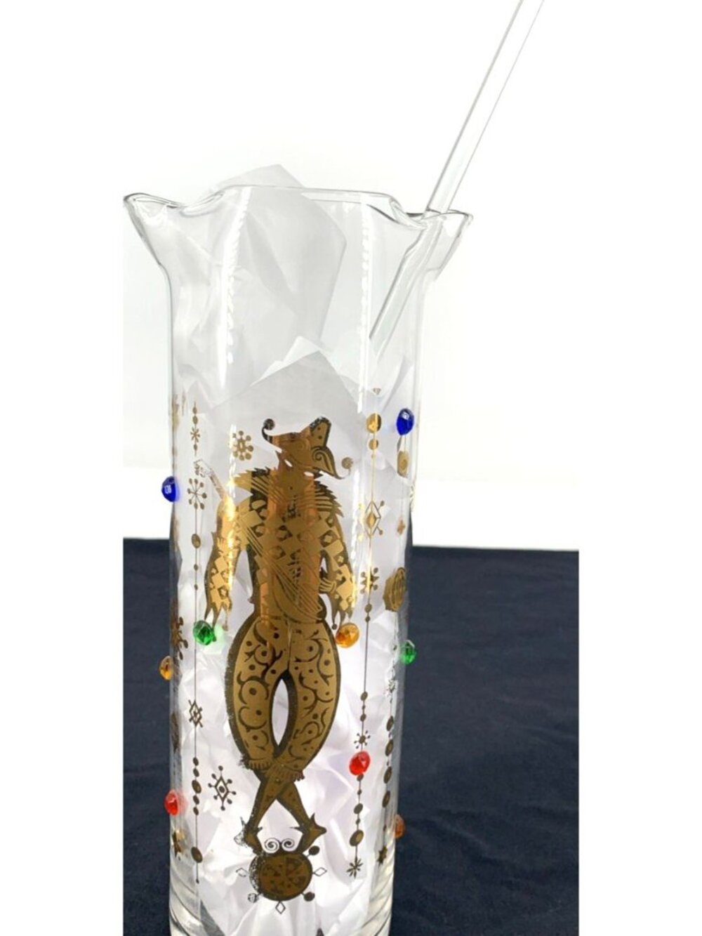 Culver Mardi Gras Jester Design Pitcher Cocktail Glass Stir Rod 9" MCM